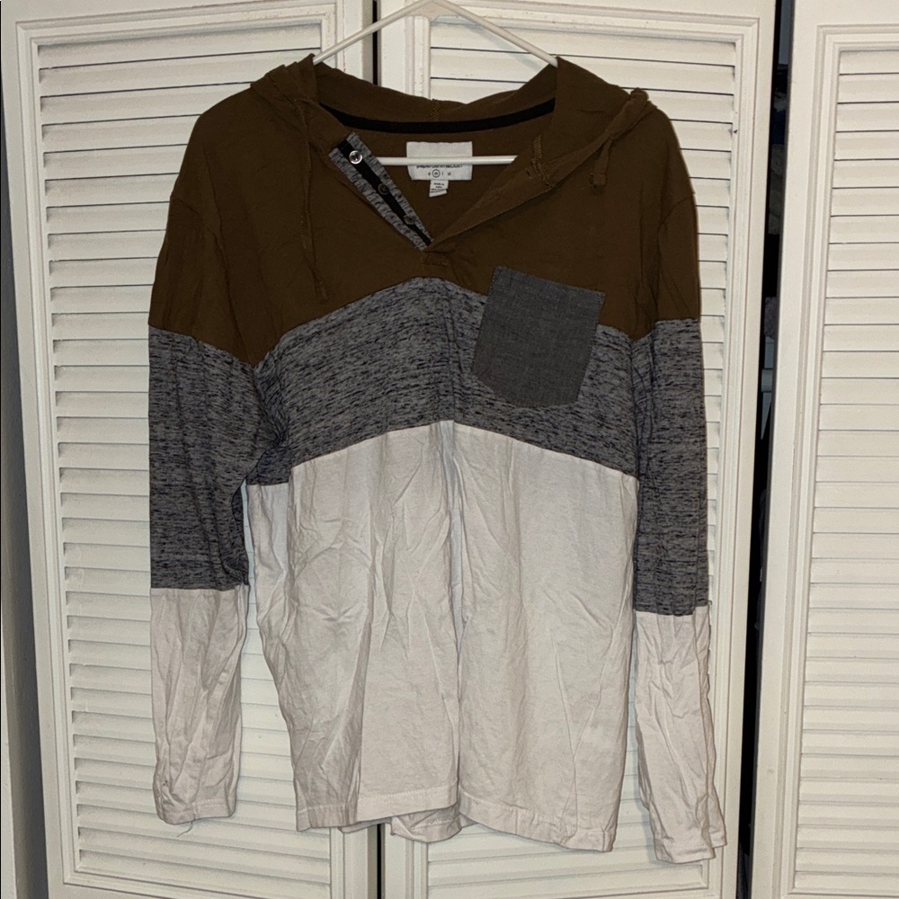 Men's Colorblock Hooded Pullover Sweater - Brown/Gray/White